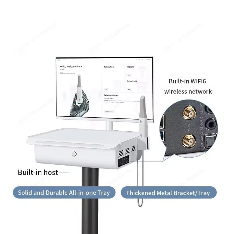 高清医疗设备显示屏和无线网络连接，支持口腔医疗诊断和治疗。.