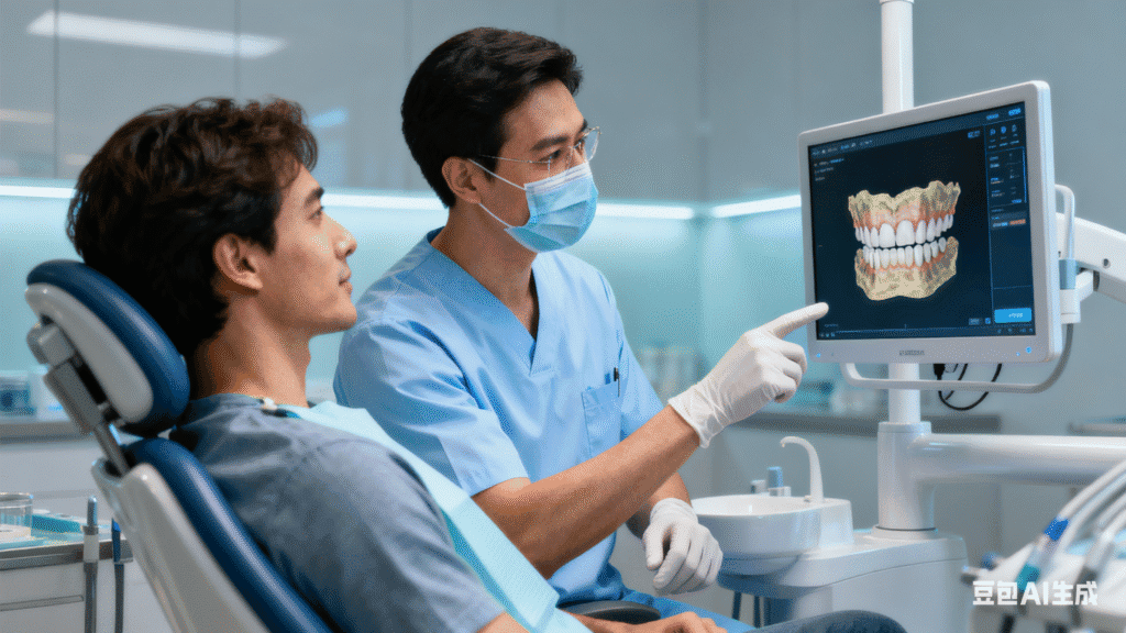 An integrated monitor on a dental chair improving the patient experience through education and transparency.
