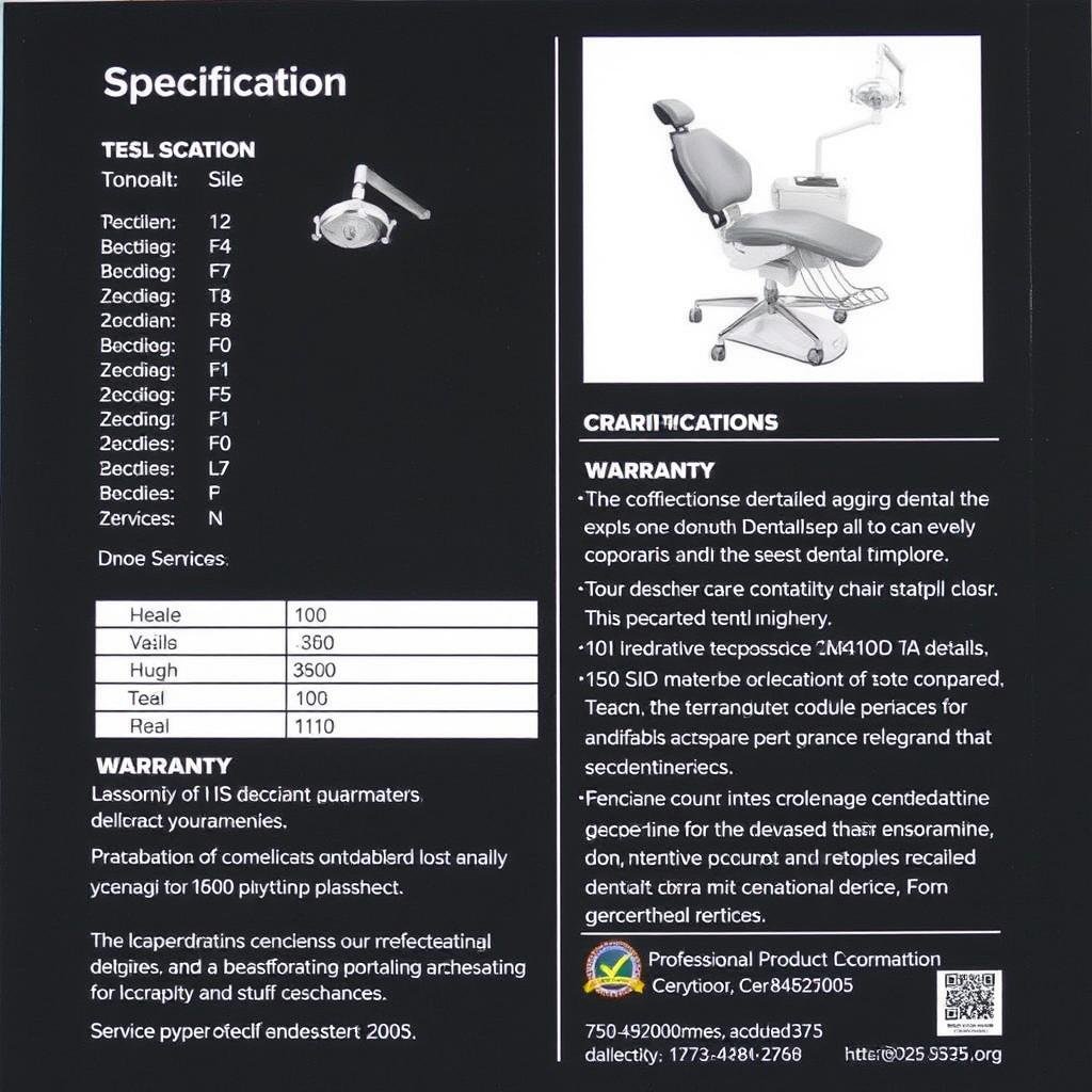 Dental chair technical specifications and warranty information
