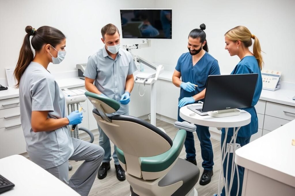 Dental team working efficiently around a well-designed dental chair