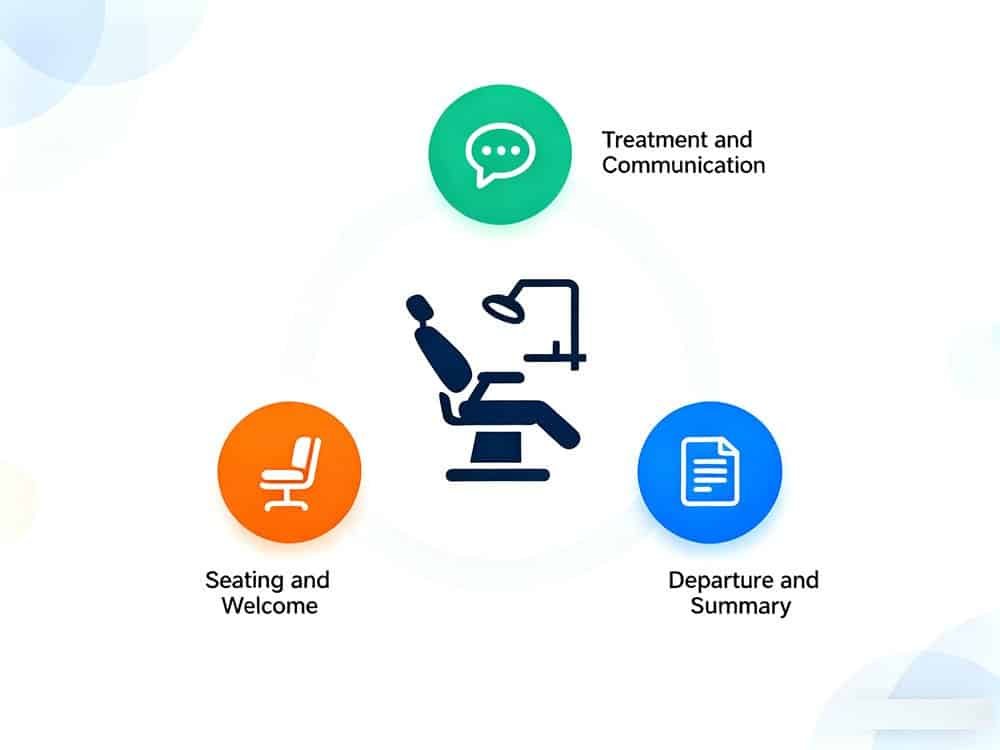 A flowchart illustrating the key stages of the dental chair patient journey in a modern clinic.