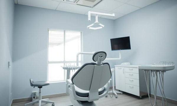 Modern dental chair in a well-equipped dental operatory
