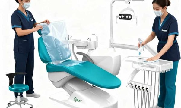 A gloved hand is replacing the disposable protective film on a dental chair's light handle.