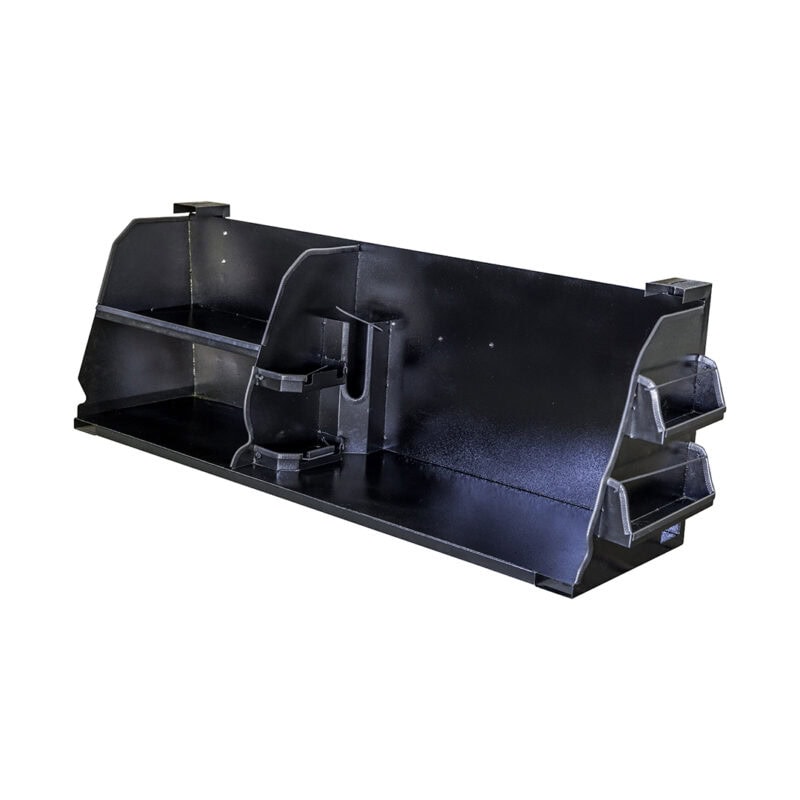 Black metal storage rack with shelves and compartments for organizing tools and accessories