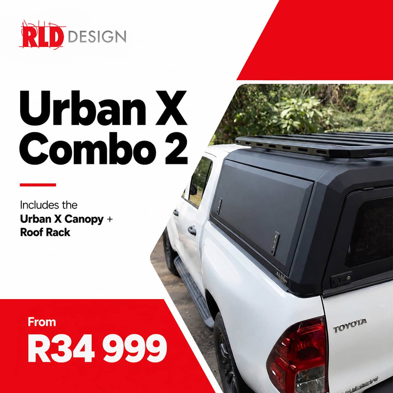 Image of a white Toyota pickup truck fitted with a stainless steel canopy and roof rack, showcasing RLD Design's urban canopy solutions for vehicles.