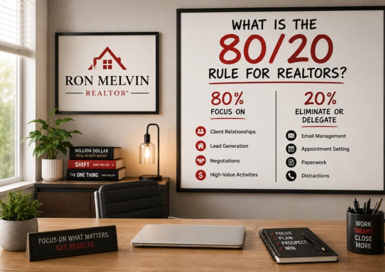 Ron Melvin real estate office with 80/20 rule poster in Walnut Creek, CA.