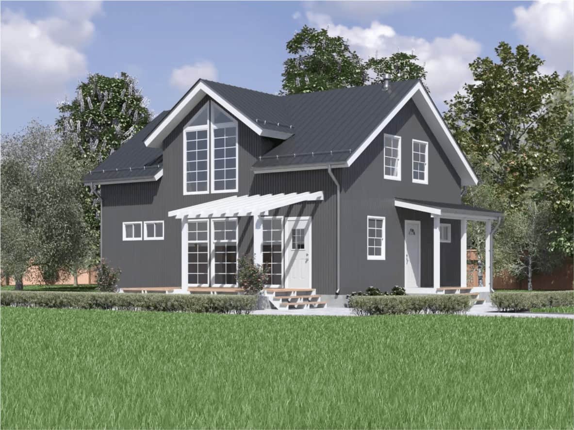 An image of a gray house model created with HOVER Design Studio, from Roofing For Troops' website to advertise their James Hardie fiber siding services