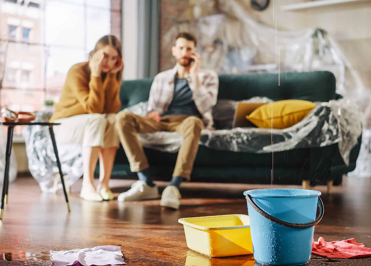 Image of 2 panicked homeowners sitting on a couch while their roof is leaking water into a bucket. Roofing For Troops provides roof leak repairs in Milford OH & Cincinnati OH.