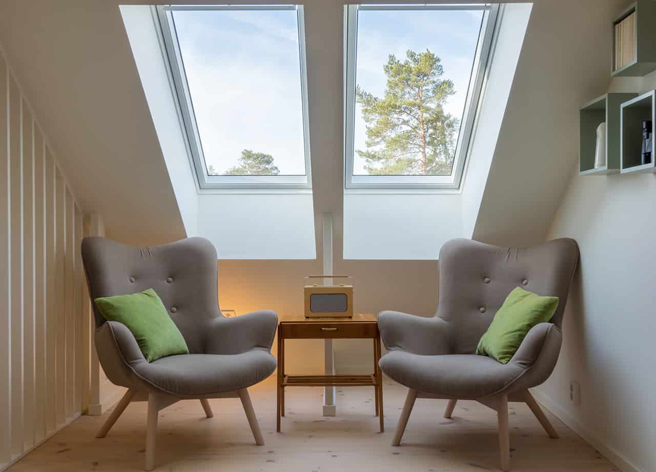 skylights installed in a home in Milford OH Interior image of 2 skylights in a roof nook to add natural light to a home. Our roofing contractors provide skylight services in the Milford OH & Cincinnati OH areas.