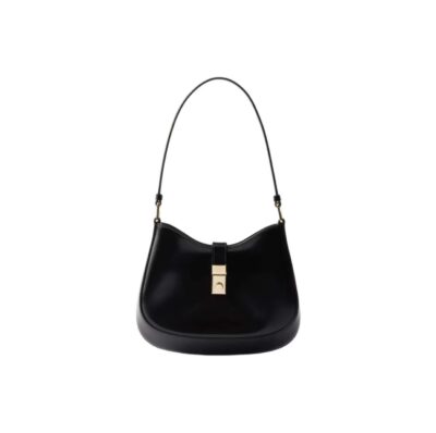 PRADA Cleo Glossy Leather Hobo Shoulder Bag Black