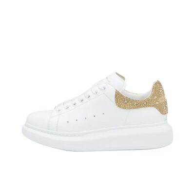 Alexander McQueen Leather Rhinestone Heel Lace-Up Low-Top Sneakers Women White Gold