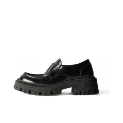 Balenciaga Tractor Calfskin, Leather Round-Toe Black Loafers