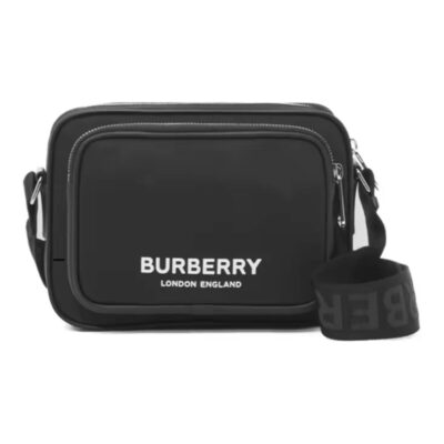 Burberry Logo Print Messenger Crossbody Bag with Wide Strap in Nylon and Leather – Black
