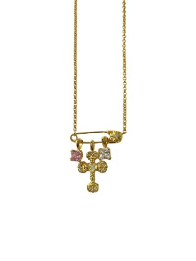 Chrome Hearts Gold Flame Cross Pink & White Diamond Necklace