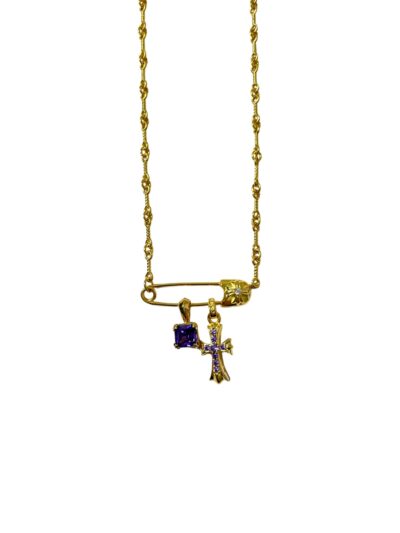 Chrome Hearts Purple Diamond Safety Pin Cross Necklace
