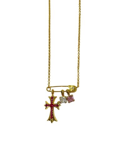 Chrome Hearts Gold Pink White Red Diamond Cross Necklace