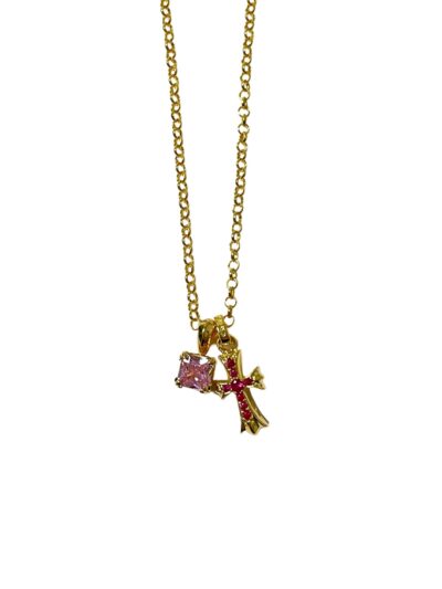 Chrome Hearts Gold Pink & Red Diamond Cross Necklace