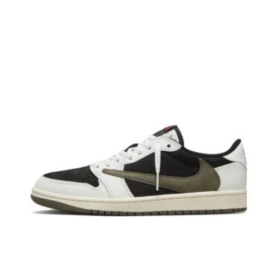 Travis Scott x Jordan Air Jordan 1 Low OG Reverse Swoosh Medium Olive Leather Sneakers Unisex Black Green Olive