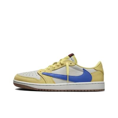 Travis Scott x Jordan Air Jordan 1 Low OG Reverse Swoosh Leather Canary Yellow Sneakers Unisex Yellow Blue