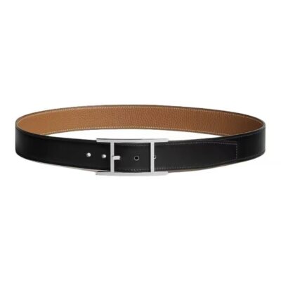 HERMES Quentin Togo Calfskin Silver Buckle Reversible Belt Men Black