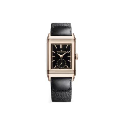 Jaeger-LeCoultre Reverso Manual-Winding Black Dial 18K Rose Gold Case Canvas Leather Strap Men’s Watch 27.4mm