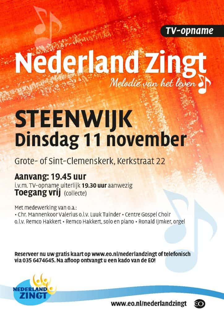 Uitnodiging TV-opnames Nederland Zingt in Steenwijk