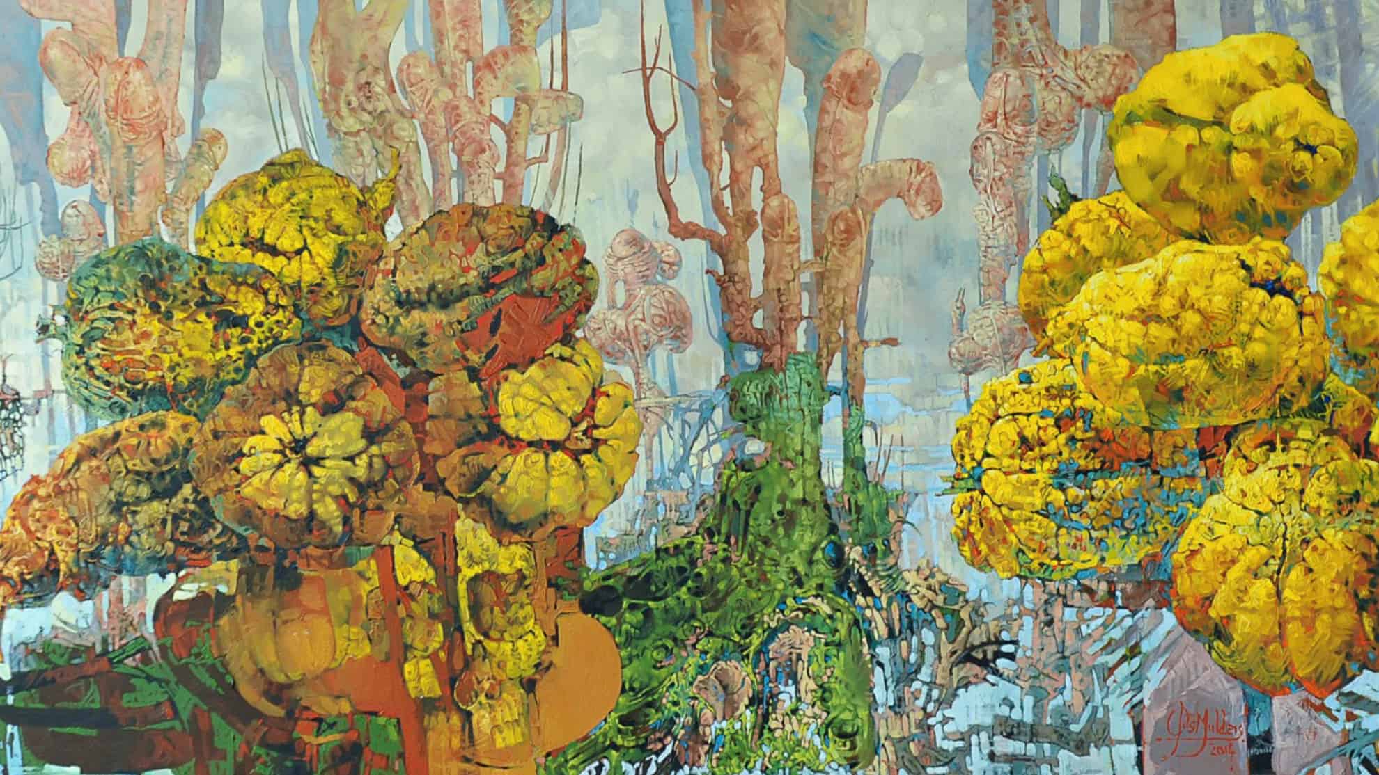 Jos Mulder Kweekperen olieverf 70 x 140 cm
