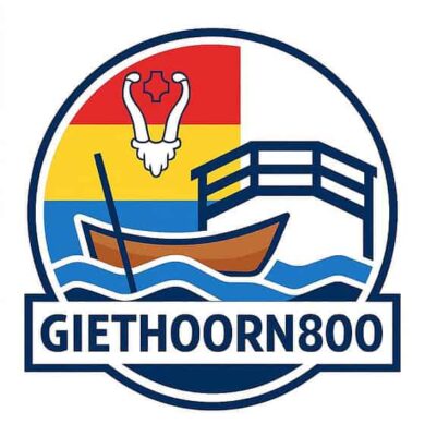 Gieters logo met boot, brug en water symbolen, inclusief de Nederlandse vlag, voor RTV SLOS.