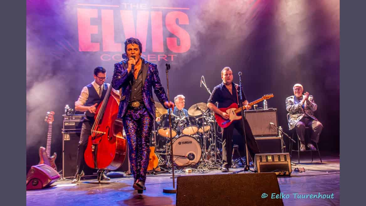 Elvis Presley tribute band performing live on stage at RTV SLOS, capturing the iconic rock 'n' roll style.