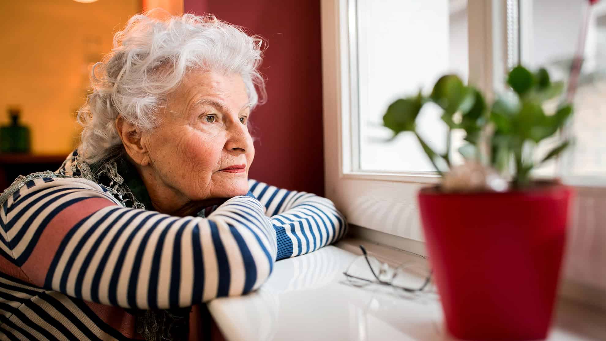 Rustige oudere vrouw kijkt dromerig uit het raam, genietend van het uitzicht, met een groene plant in een rode pot op de tafel voor haar; rust en reflectie. - foto aangeleverd