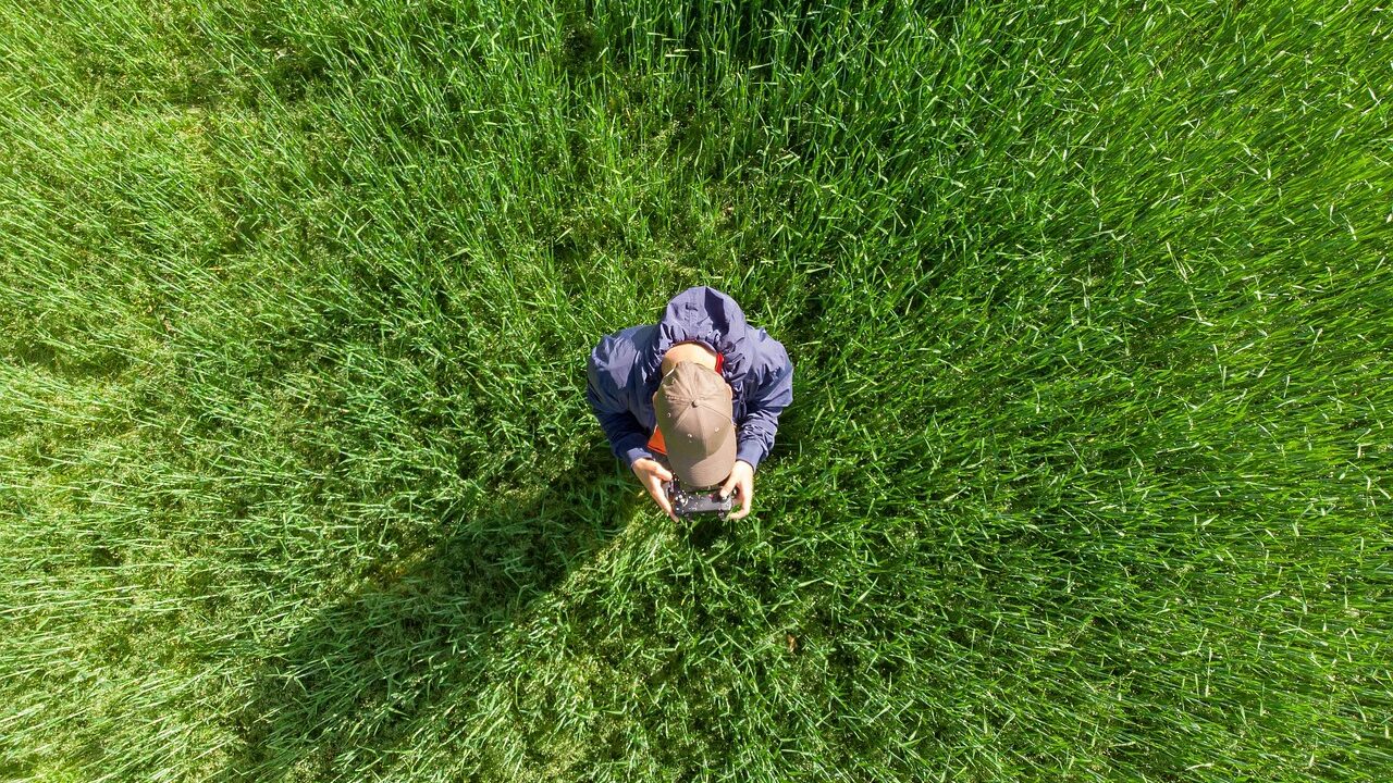 Drone beeld van een persoon in een groen veld die met een remote controle een drone bestuurt, illustratie van drone hobby, fotografie en outdoor activiteiten.
