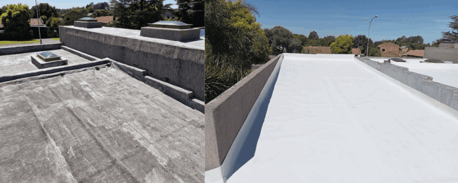Roof waterproofing membrane, rubber roof before and after refurbishment, commercial flat roofing renovation, durability and weatherproofing upgrade, expert rubber roofing solutions in South Africa.