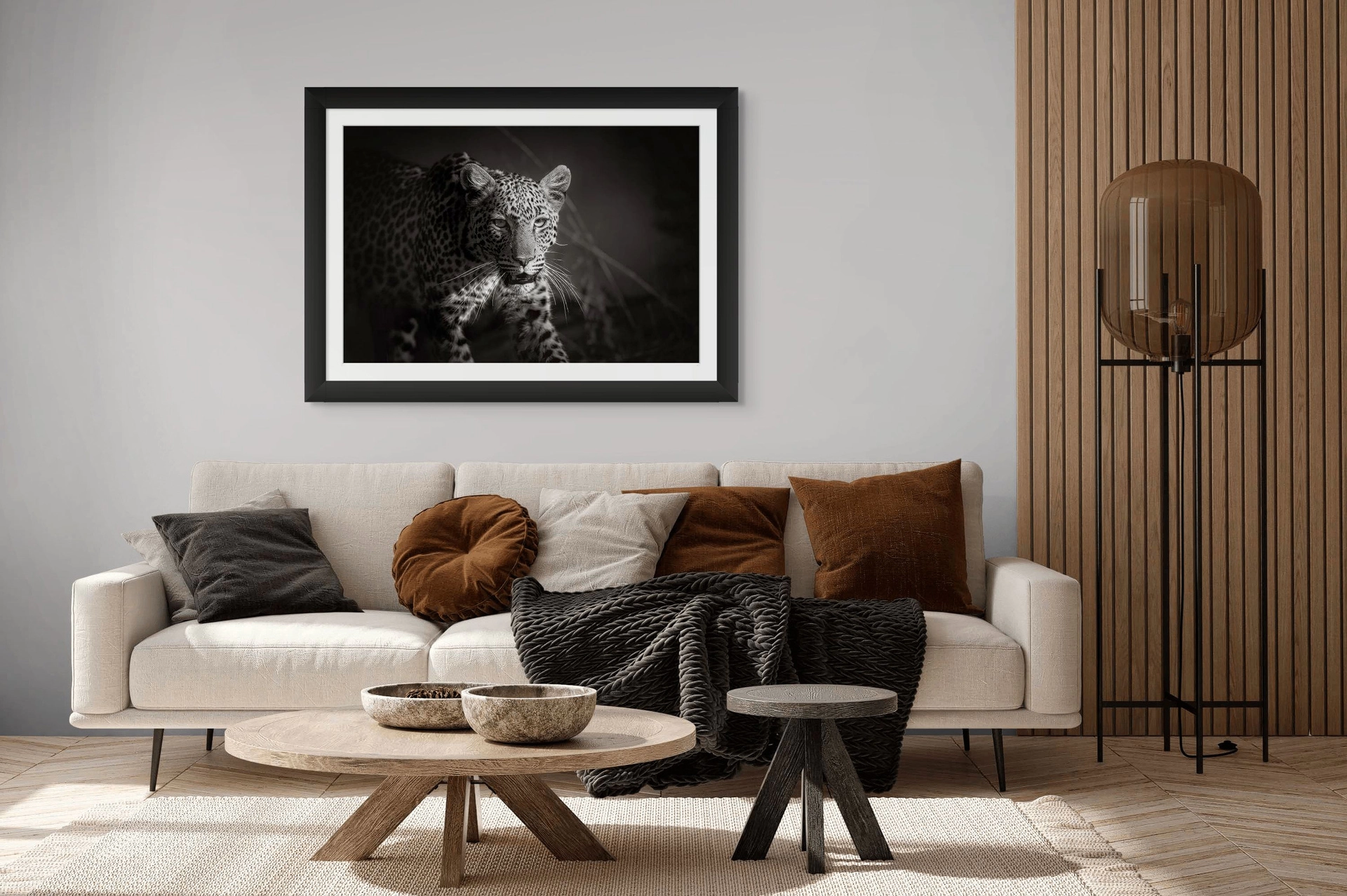 An Open Edition Fine Art Wildlife Photography Print of an African Leopard hanging in a lounge.