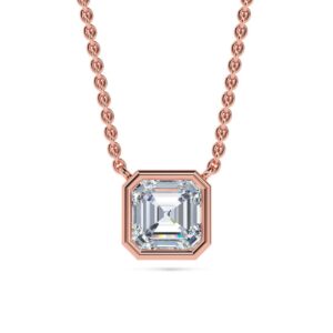 Elegant Asscher cut diamond pendant on a rose gold chain.
