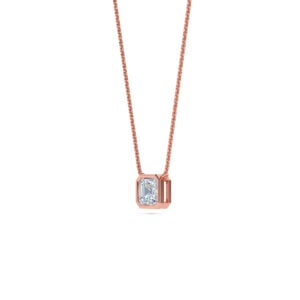 Elegant Asscher cut diamond pendant necklace in bezel setting, rose gold chain.