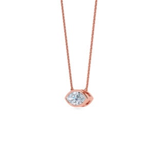 Elegant marquise bezel solitaire diamond pendant on rose gold chain.