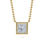 Elegant princess-cut diamond pendant necklace with gold chain.