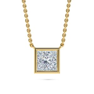 Elegant princess-cut diamond pendant necklace with gold chain.