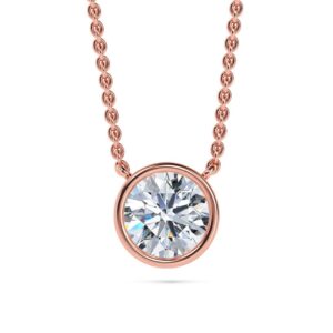 Elegant rose gold necklace with a round bezel-set solitaire diamond pendant. Perfect for sophisticat.