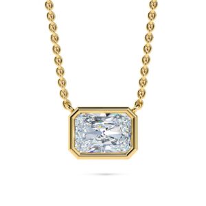 Elegant gold necklace with a large, radiant bezel-set diamond pendant. Perfect for sophisticated jew.