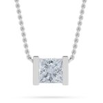 Elegant princess cut diamond pendant necklace in bar setting, fine jewelry by Rupali Adani.