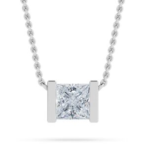 Elegant princess cut diamond pendant necklace in bar setting, fine jewelry by Rupali Adani.