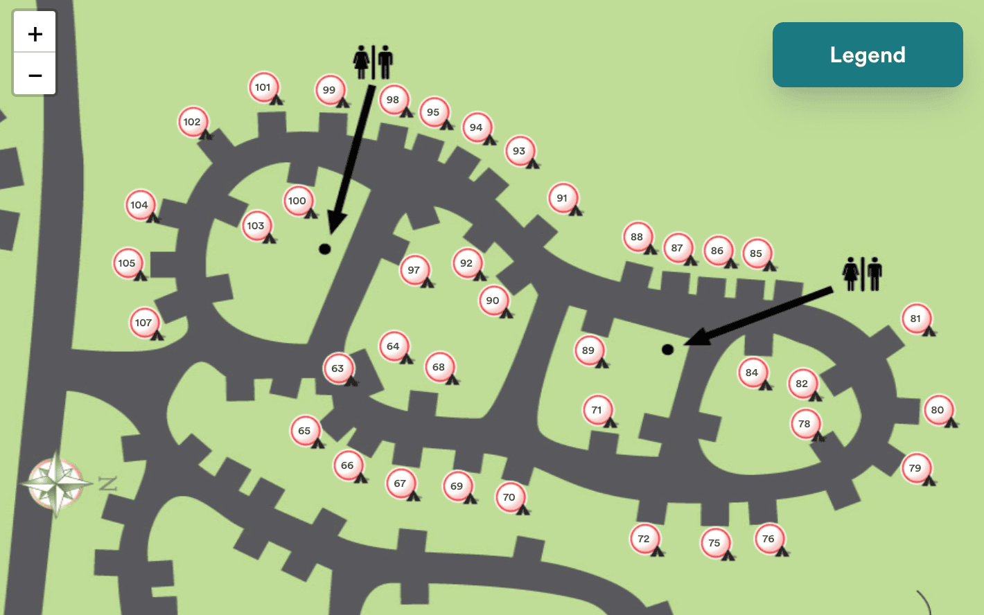 1. Wheelchair accessible pathway map at FreeWheelers community organization with numbered location markers and directional arrows.