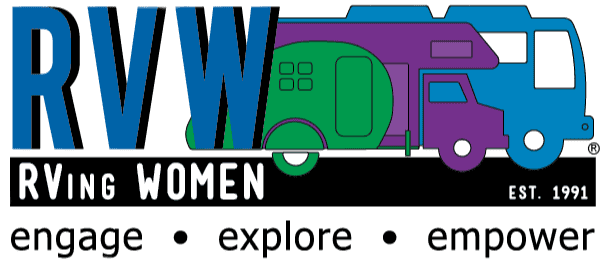 Logo of RVing Women FreeWheelers featuring colorful RV illustrations, representing a community of women RV travelers established in 1991.