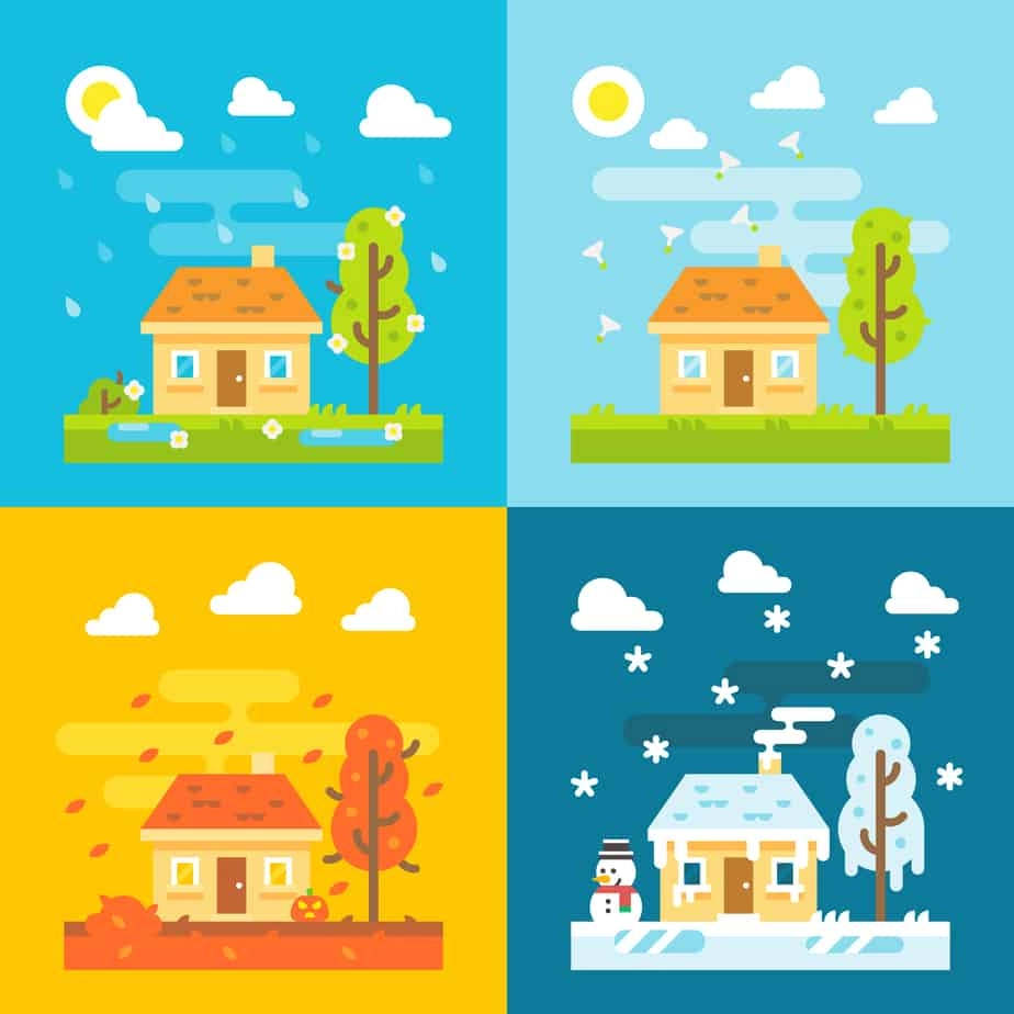 Four square grid of homes through the four seasons