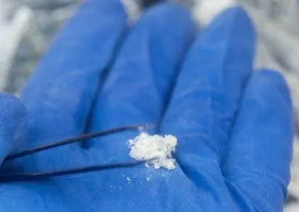 Asbestos sample held by tweezers