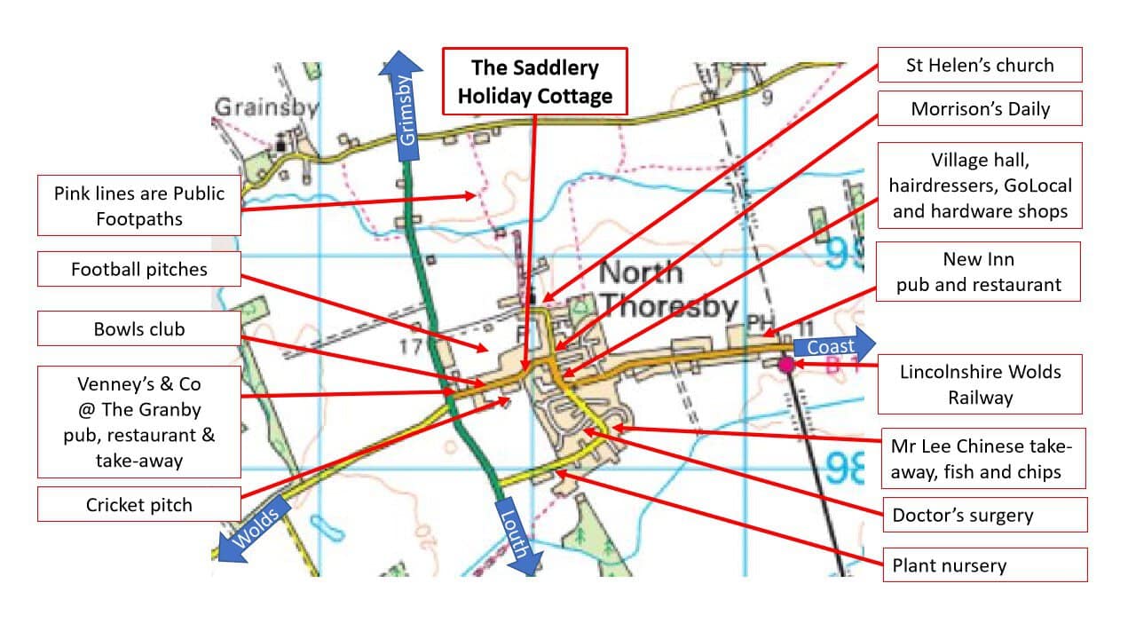 Map showing North Thoresby village layout including pubs, shops, railway, local facilities, and nearby country walks