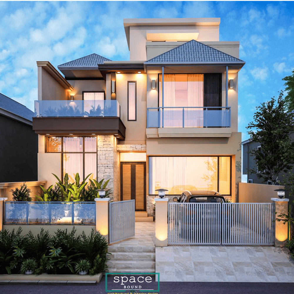 Contemporary luxury house featuring modern design, glass balconies, and elegant lighting, perfect for stylish urban living.