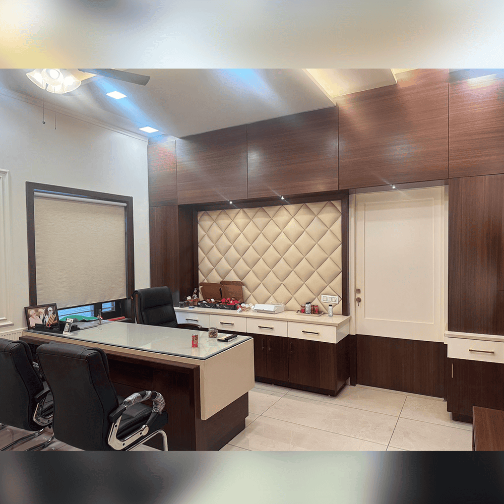 1. Custom office interior design by Sak Designs x Space Bound, elegant wood paneling and plush decor.