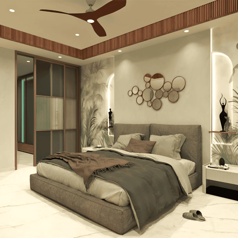 Luxurious modern bedroom design with stylish decor and ambient lighting.